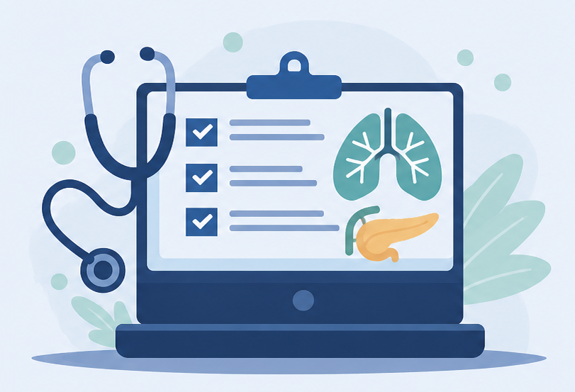 Medical education illustration showing lungs, pancreas, checklist and stethoscope representing respiratory and diabetes training in primary care.