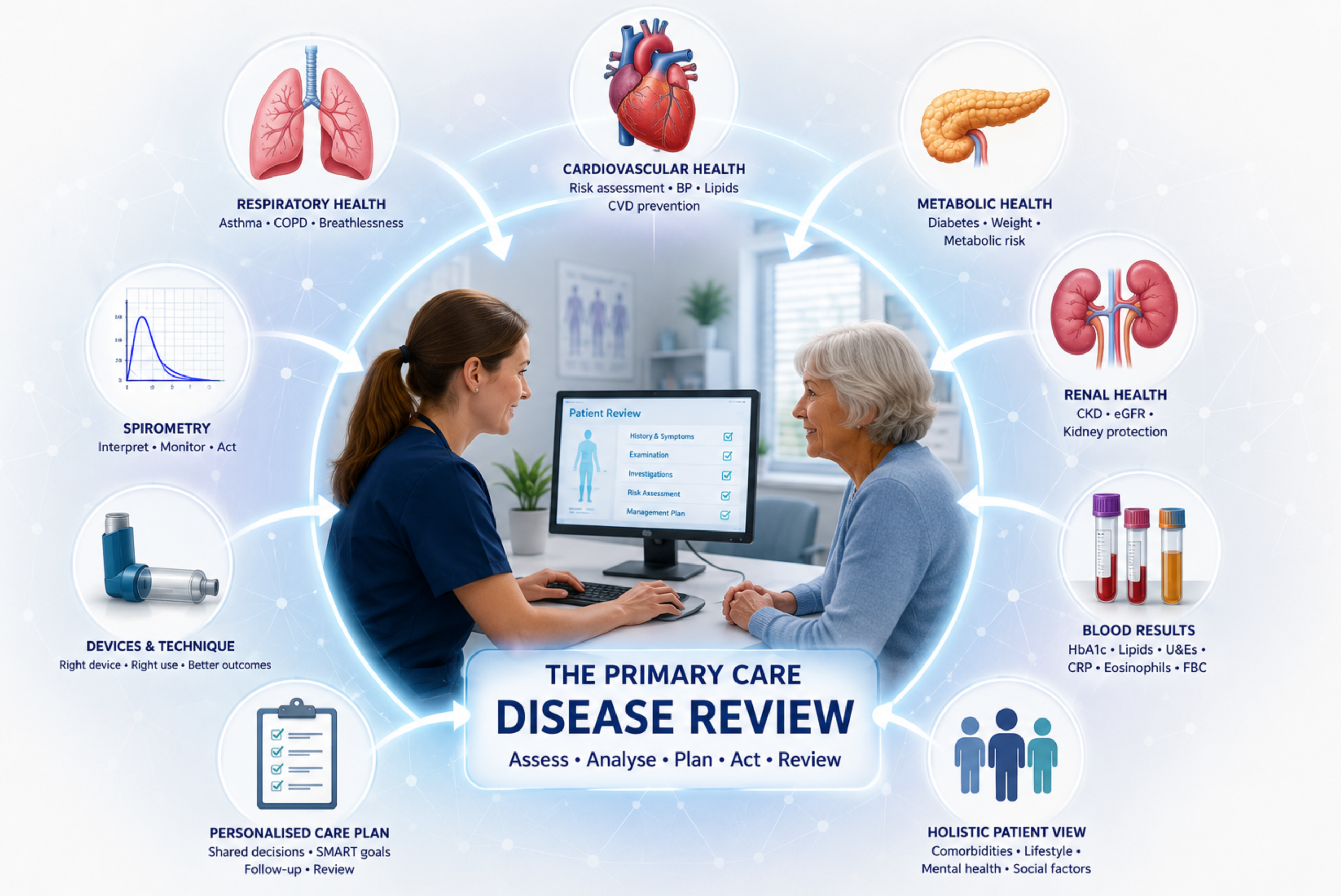 Illustration showing a primary care clinician carrying out a patient disease review, integrating respiratory, cardiovascular, renal and metabolic assessment to develop an evidence-based management plan.