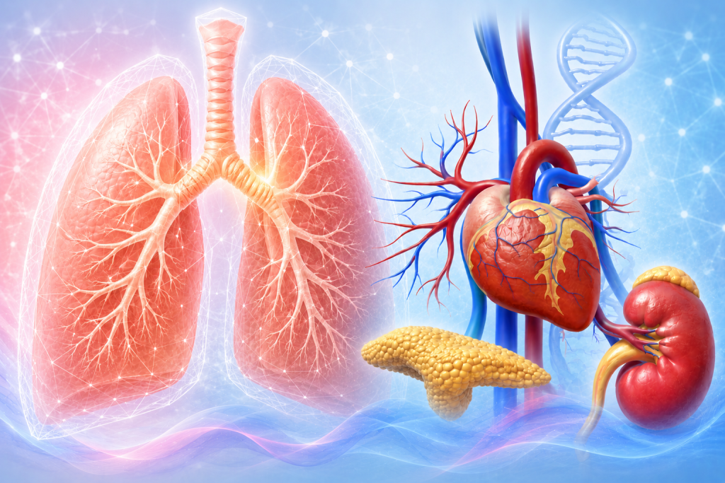 Illustration representing respiratory and diabetes education, featuring lungs, heart, pancreas, kidney and DNA on a blue scientific background.